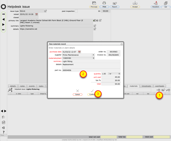 Adding a materials costs record