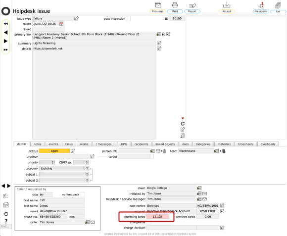 Helpdesk issue details tab updated with cumulative costs