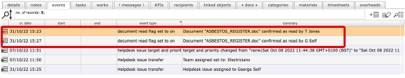 The event log for docs signings